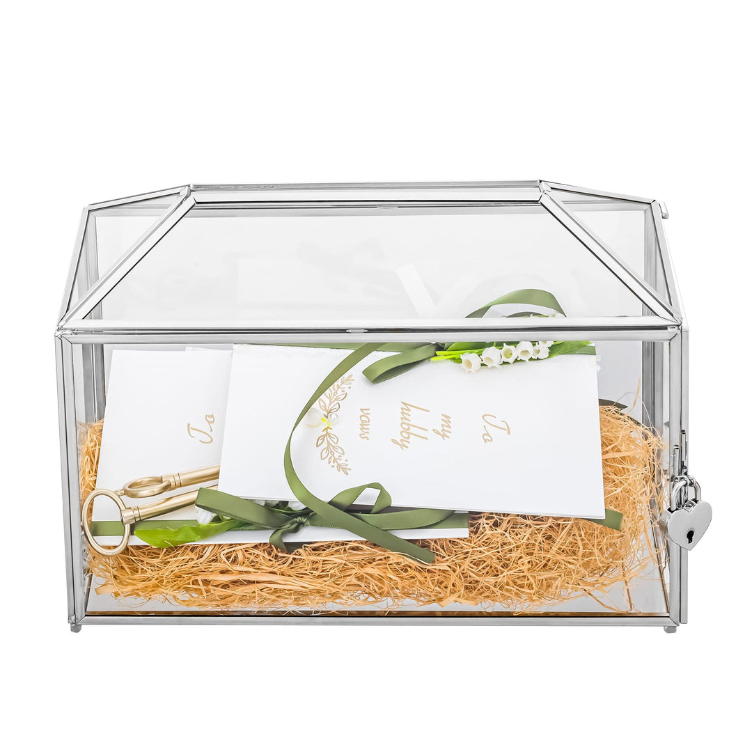 NCYP 32x15x23cm Silberfarbene Hochzeitskarten-Box aus Glas mit Schlitz und Schloss, Handgefertigt De