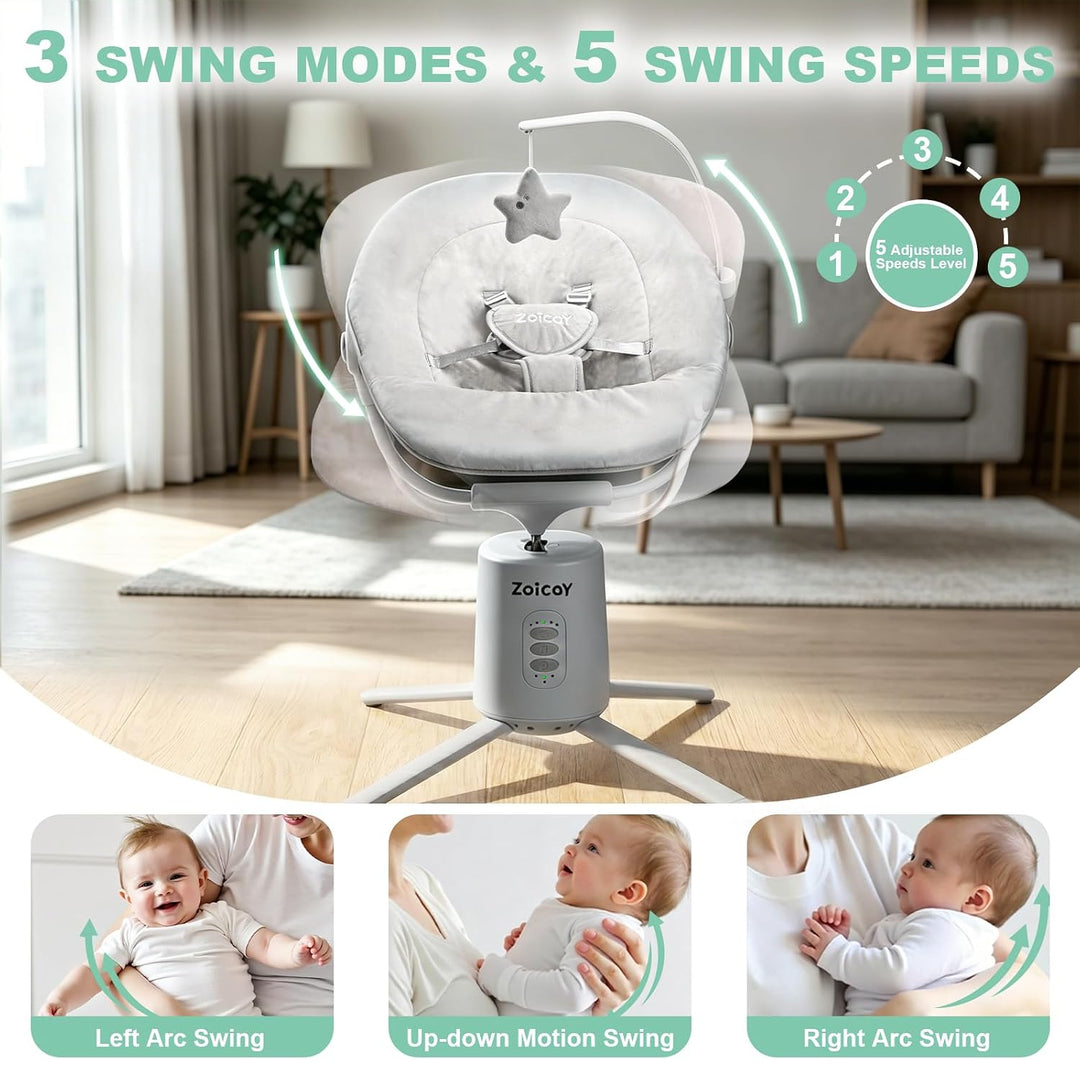 Babywippe Elektrisch mit 3 Modus 5 Tempo für Neugeborenes 0-9 Monate (Grau) | Babywippe 5-Punkt-Gurt
