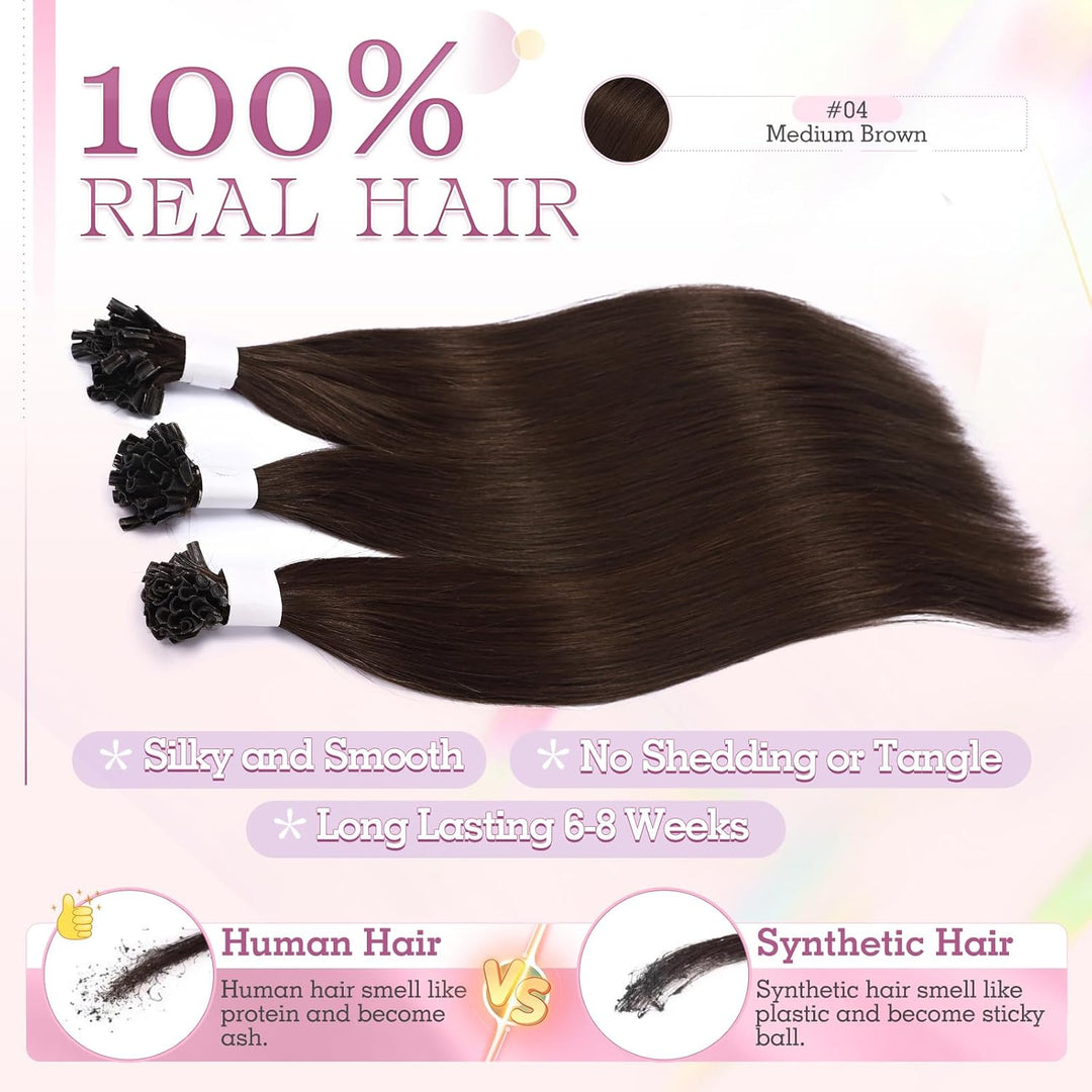 Elailite Bondings Extensions Echthaar Braun 25 Strähnen 25g U Tip Haarverlängerung Glatt 50cm 