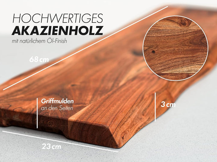 Servierbrett 68x23 Holz I Tragegriffe an den Seiten I Brotzeitbrett rustikal mit Baumkante I Schneid