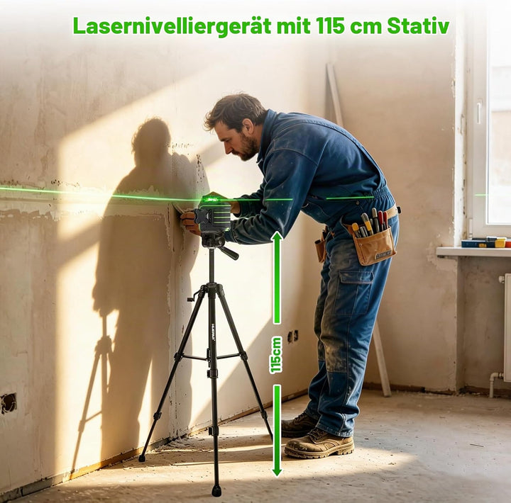 Huepar 1,5m Sturzfest 3x360° Grüner Kreuzlinienlaser Selbstnivellierend, 12 Linien mit Pulsmodus, Ma