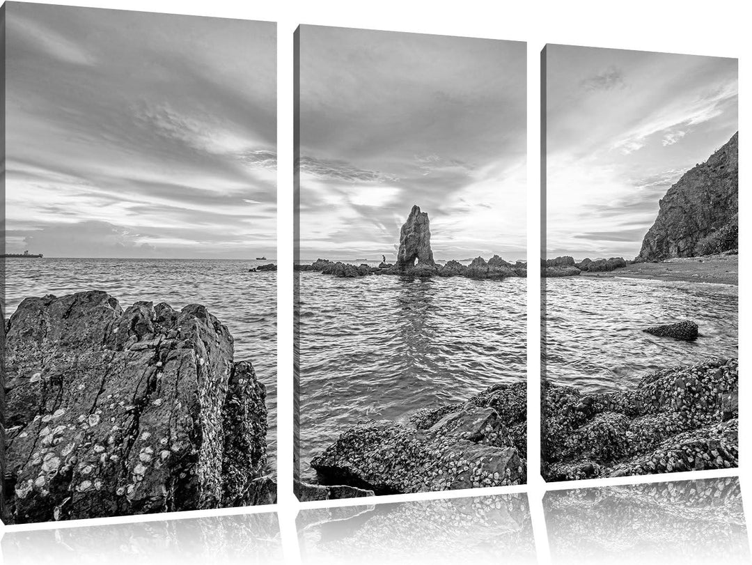 Pixxprint Küstenlinie mit schönen Sonnenuntergang Kunst B&W 3-Teiler Leinwandbild 120x80 Bild auf Le