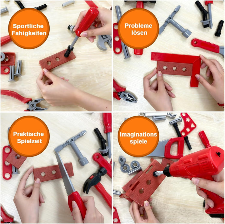 Morofme Kinder Werkzeugkoffer 52 Stück, Werkzeug Kinder Set mit Bohrmaschine, Arbeitskappe, Hammer,
