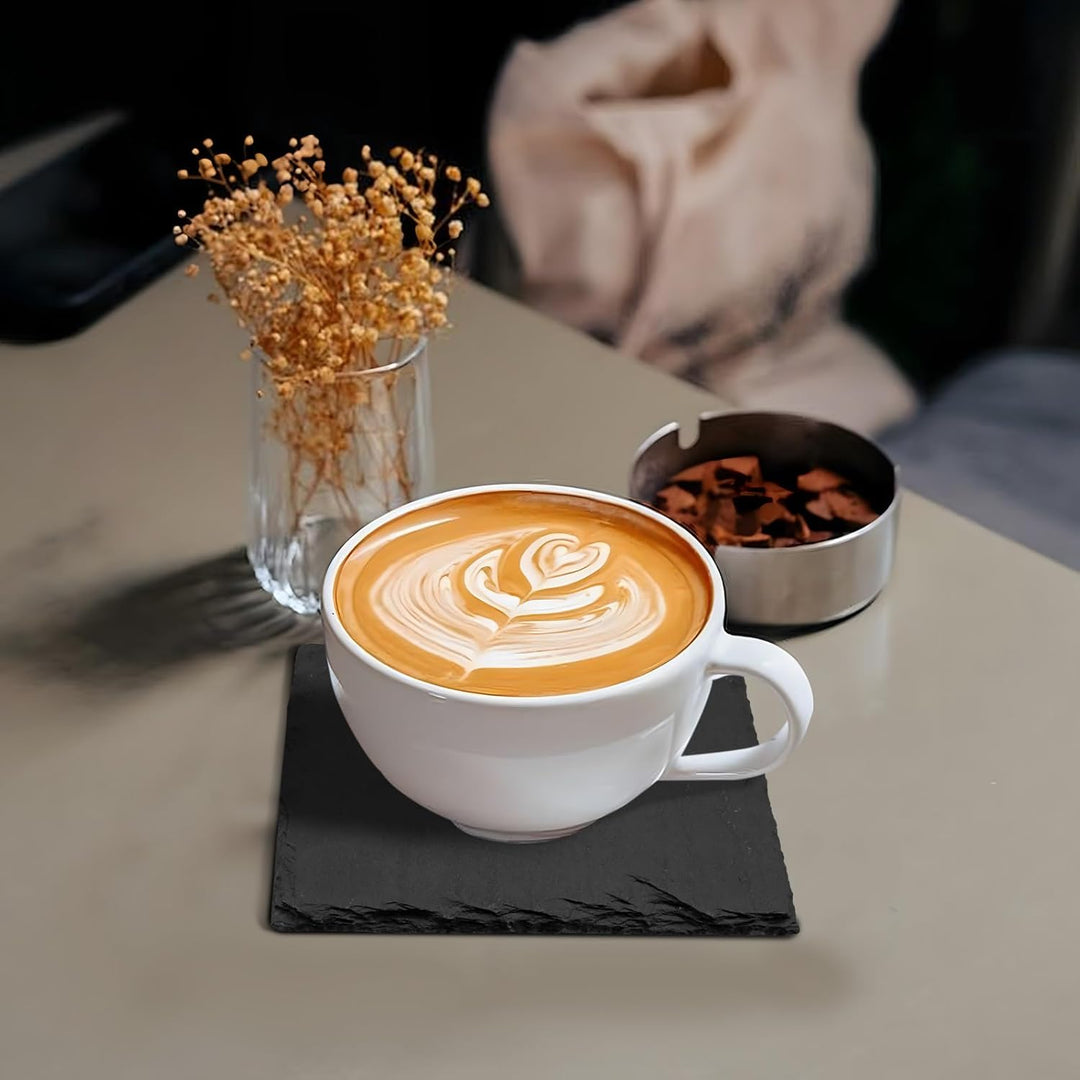 12 Stück Schiefer Untersetzer mit Halter, 10x10 cm schwarzer Glasuntersetzer eckig mit kratzfester U