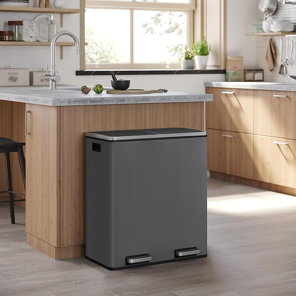 Panana Mülleimer, 60 l (2 x 30 Liter), Mülltrennsystem für die Küche, Treteimer aus Metall mit sanft