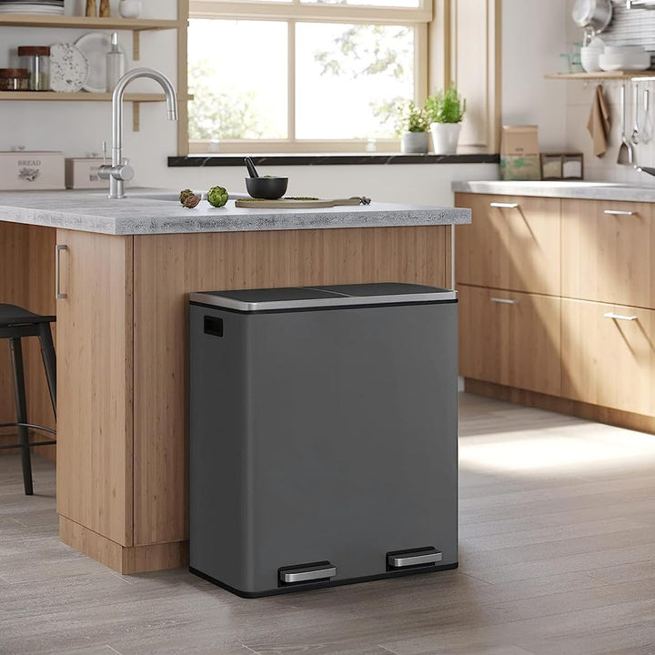 Panana Mülleimer, 60 l (2 x 30 Liter), Mülltrennsystem für die Küche, Treteimer aus Metall mit sanft