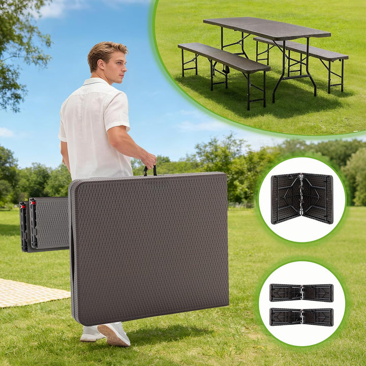 Hohuqeri Faltbarer Gartentisch mit 2 Bänken 180cm, Kunststoff Campingtisch Set Wetterfest &amp; UV-bestä