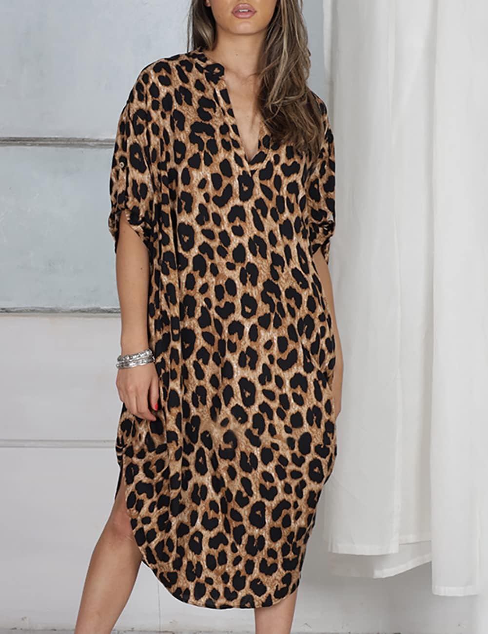 Bsubseach Damen Beachwear Türkische Kaftans Lange Strandkleid Caftan Beach Dress Leopardenfleck, Leo