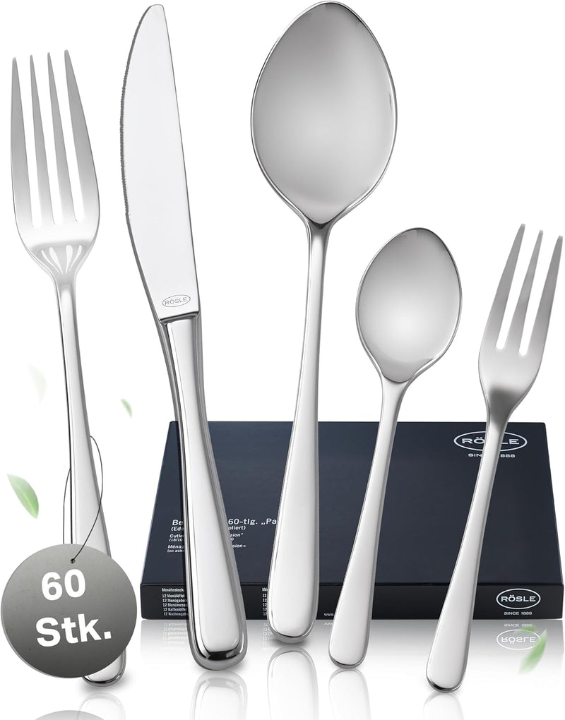 RÖSLE PASSION Besteck-Set 60-teilig, Hochwertiges Essbesteckset für 12 Personen aus Edelstahl 18/10,