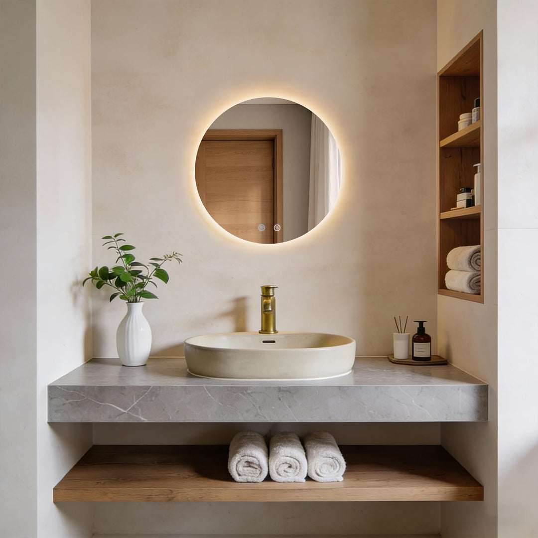 Badspiegel mit Beleuchtung Rund, Wandmontage, Touch-Schalter, LED Spiegel mit 3 Lichtfarben Dimmbar,