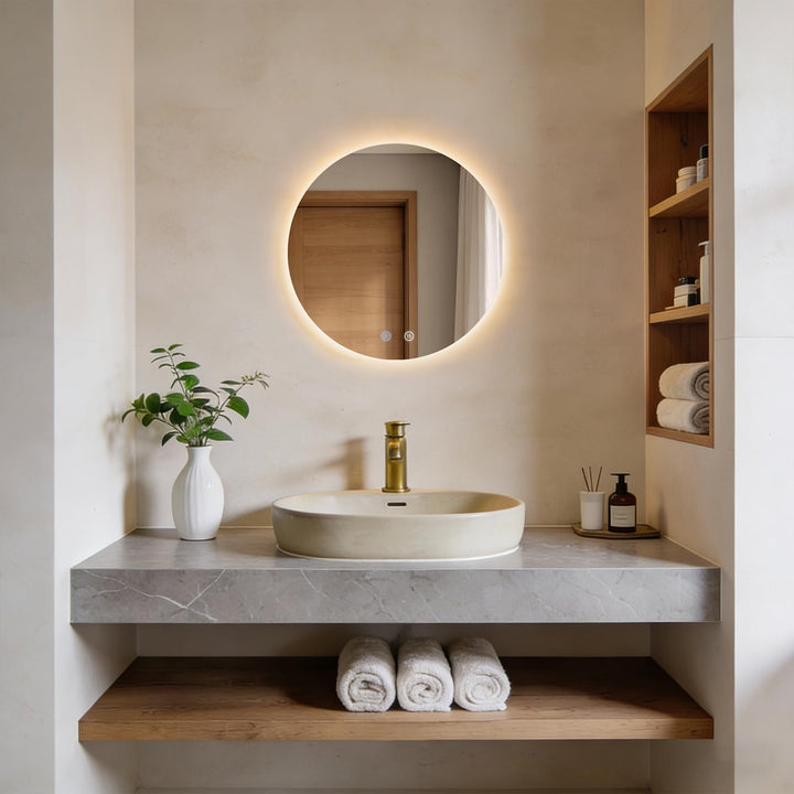 Badspiegel mit Beleuchtung Rund, Wandmontage, Touch-Schalter, LED Spiegel mit 3 Lichtfarben Dimmbar,