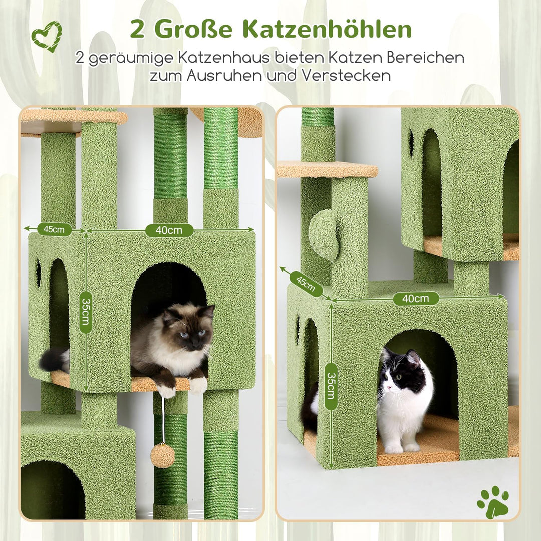 Globlazer Kratzbaum Grün Kaktus für 3-5 Grosse Katzen 156 cm mit 2 Extragross Katzenhaus 45 * 40 * 3