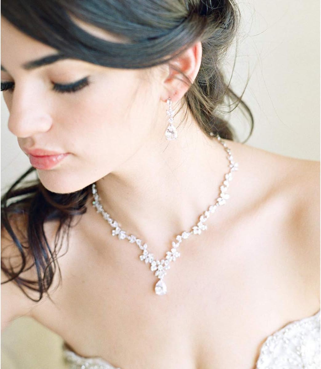 MASOP Silber Braut Schmuckset, Damen Hochzeit Schmuck Set, Blumen Ohrringe und Halskette mit Anhänge