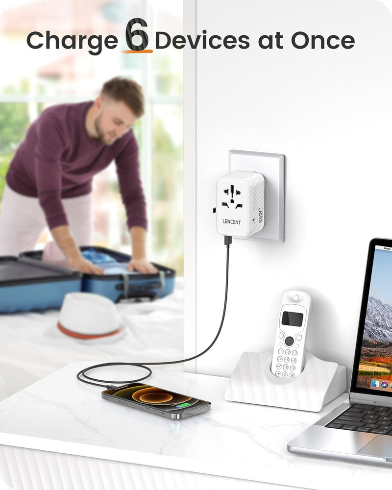 LENCENT Internationaler Reiseadapter, 65W GaN3 Universeller Adapter mit 2 USB A+3 Typ C PD, Weltweit
