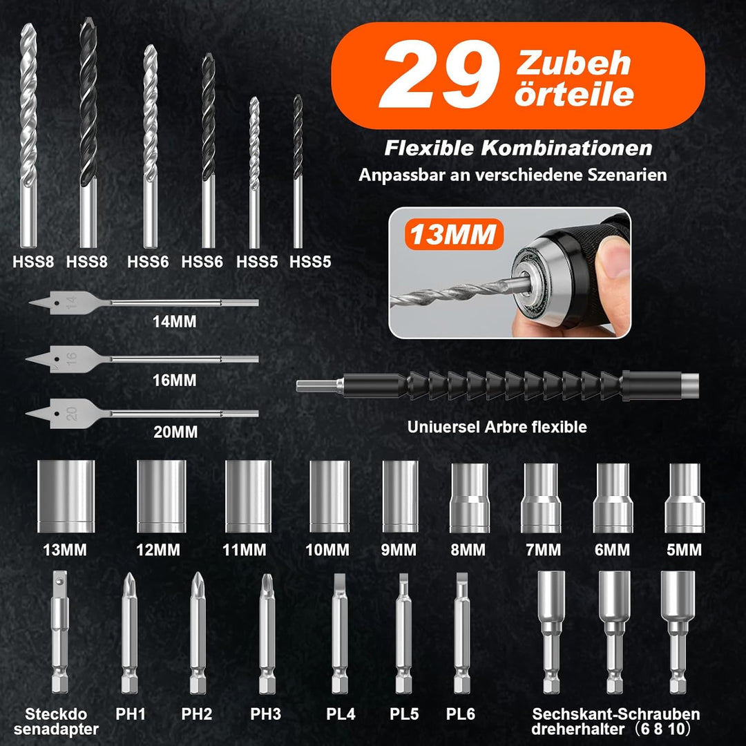 Akkuschrauber, 21V Akku Bohrschrauber Set mit 2 Akkus, 1200W Brushless-Motor Akkubohrer 75Nm, 25+3 D