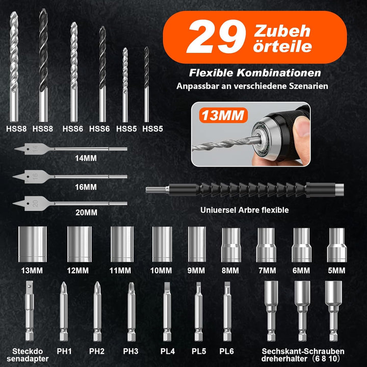 Akkuschrauber, 21V Akku Bohrschrauber Set mit 2 Akkus, 1200W Brushless-Motor Akkubohrer 75Nm, 25+3 D