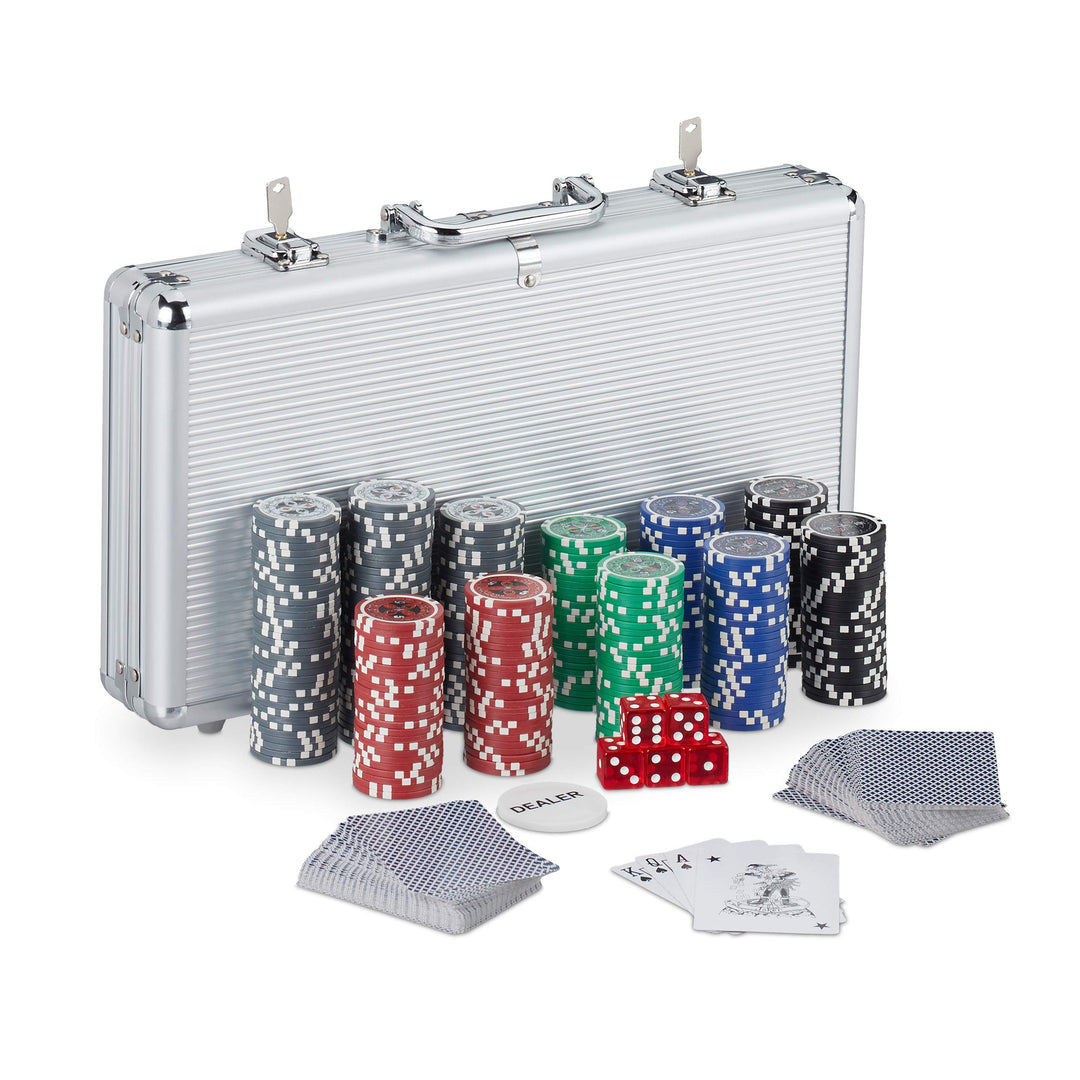 Relaxdays 10031551 Pokerkoffer, 300 Laser Pokerchips, 2 Kartendecks, 5 Würfel, Dealer Button, versch