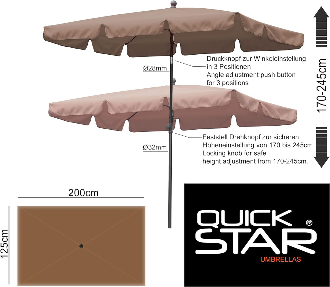 QUICK STAR Balkon Sonnenschirm 200x125cm Balkonschirm Rechteckig Knickbar Taupe Gartenschirm UV 50 m