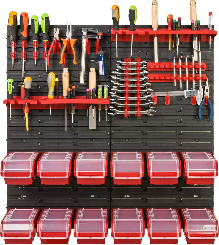 Lagersystem Werkstattregal | 78 x 78 cm | 12 stck. Box | Wandregal mit Werkzeughalterungen und Stape