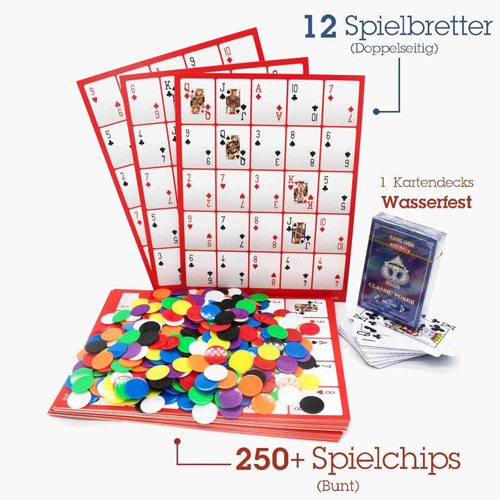 Profi Pokeno & Poker-Bingo Set für 12 Personen - 24 Layouts auf 12 Boards - Inkl. 250+ Chips & 100%