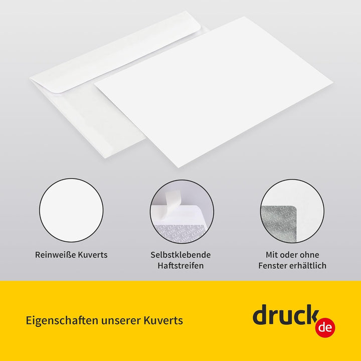 1000 Stück C6 Weisse Briefumschläge ohne Fenster, selbstklebender Haftfix Verschluss, Papierumschläg