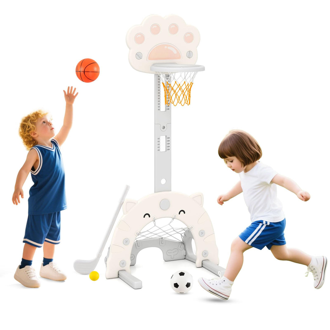 HOMASIS 3 in 1 Kinder Basketballkorb Set, multifunktional Basketballständer mit Fussballtor &amp; Golf,