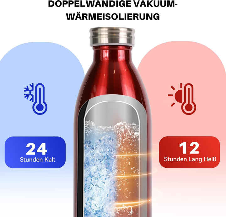 SANTECO Edelstahl Trinkflasche 1L, 100% dicht Thermosflasche 12 h heiss / 24 h kalt, absolut dicht f