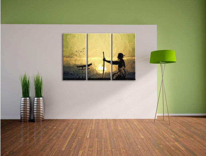 Pixxprint Samurai-Meister vor Horizont als Leinwandbild/Grösse: 3 Teilig (120x80 cm) cm/Wandbild/Kun