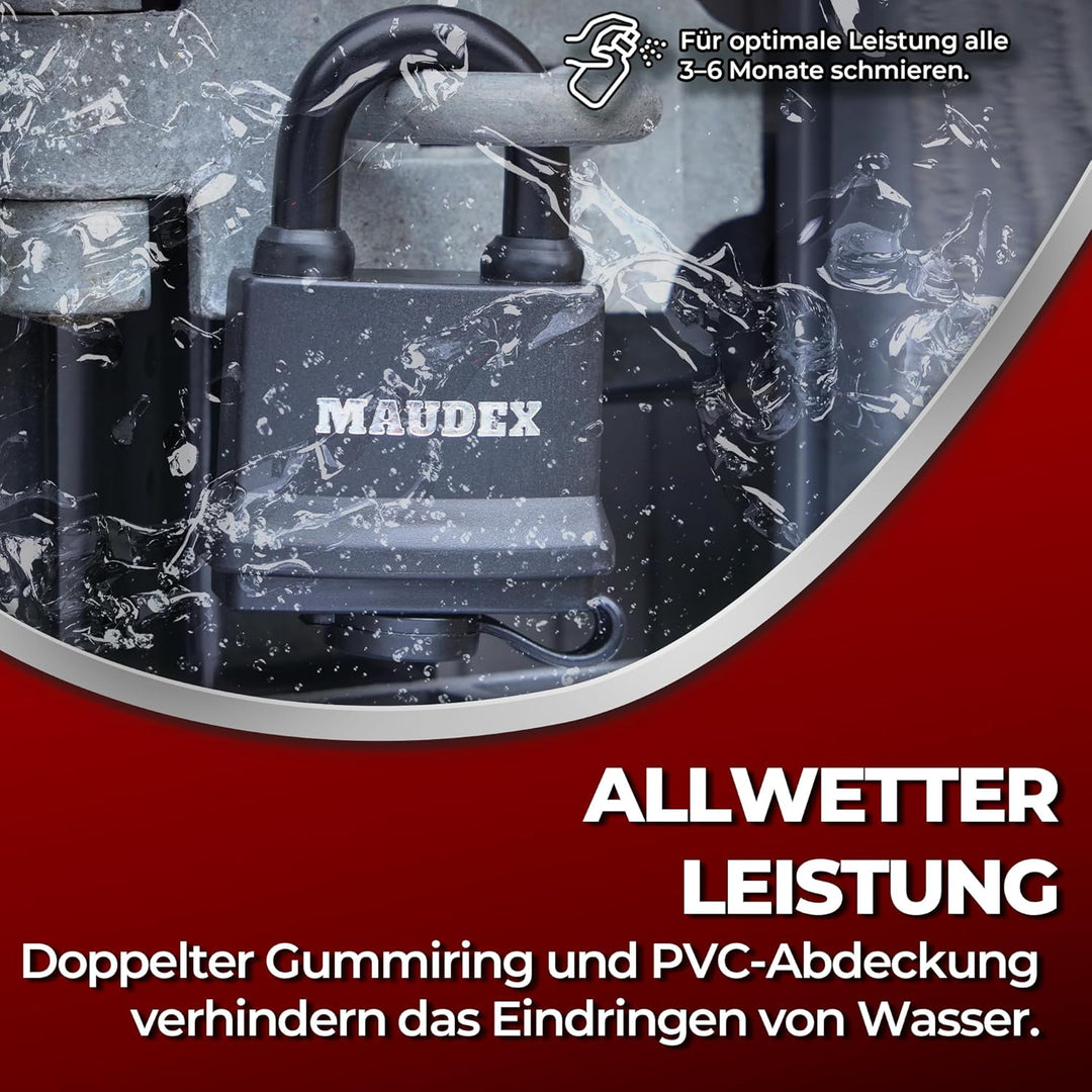 Maudex® IP450 Schwerlast Wasserdichtes Outdoor Vorhängeschloss mit 12 Schlüssel - 4er Set, 9 mm Schn