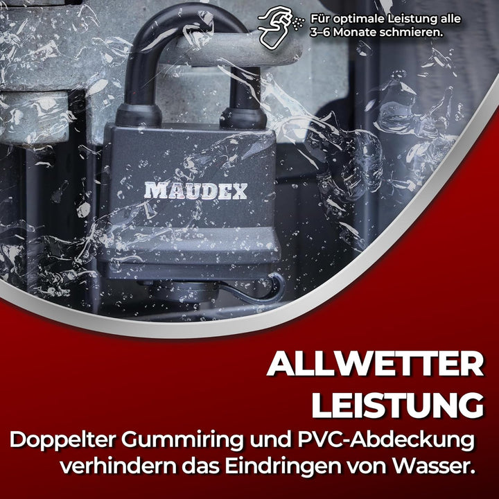 Maudex® IP450 Schwerlast Wasserdichtes Outdoor Vorhängeschloss mit 12 Schlüssel - 4er Set, 9 mm Schn