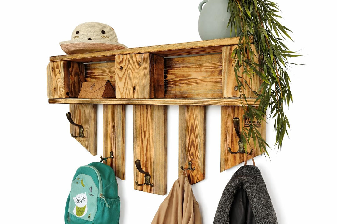 Garderobe Holz mit Ablage Wand-Garderobe aus Paletten mit 5 Kleiderhaken Hutablage Wandregal Eingang