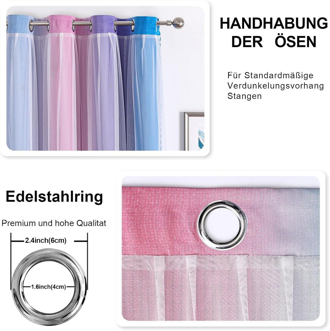 Freyamy Wohnzimmer Gardinen Blau Lila Rosa Glänzend Sterne Vorhänge Halbtransparent 130x100 (HxB) Ös