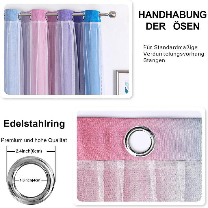 Freyamy Wohnzimmer Gardinen Blau Lila Rosa Glänzend Sterne Vorhänge Halbtransparent 130x100 (HxB) Ös