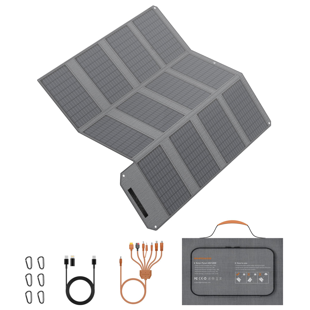 120W 19V Tragbares Solarpanel, Faltbares Solarladegerät mit 7-in-1-Solarstecker, IP65 Wasserdicht Ca