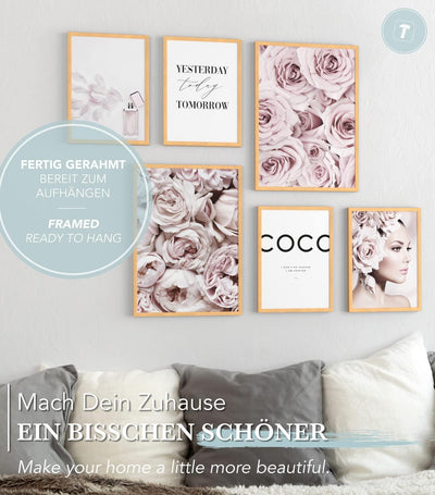 Papierschmiede® Mood Poster Set Coco Flowers, Fertiges Bilder Set mit Rahmen (Holz, Natur), Wohnzimm