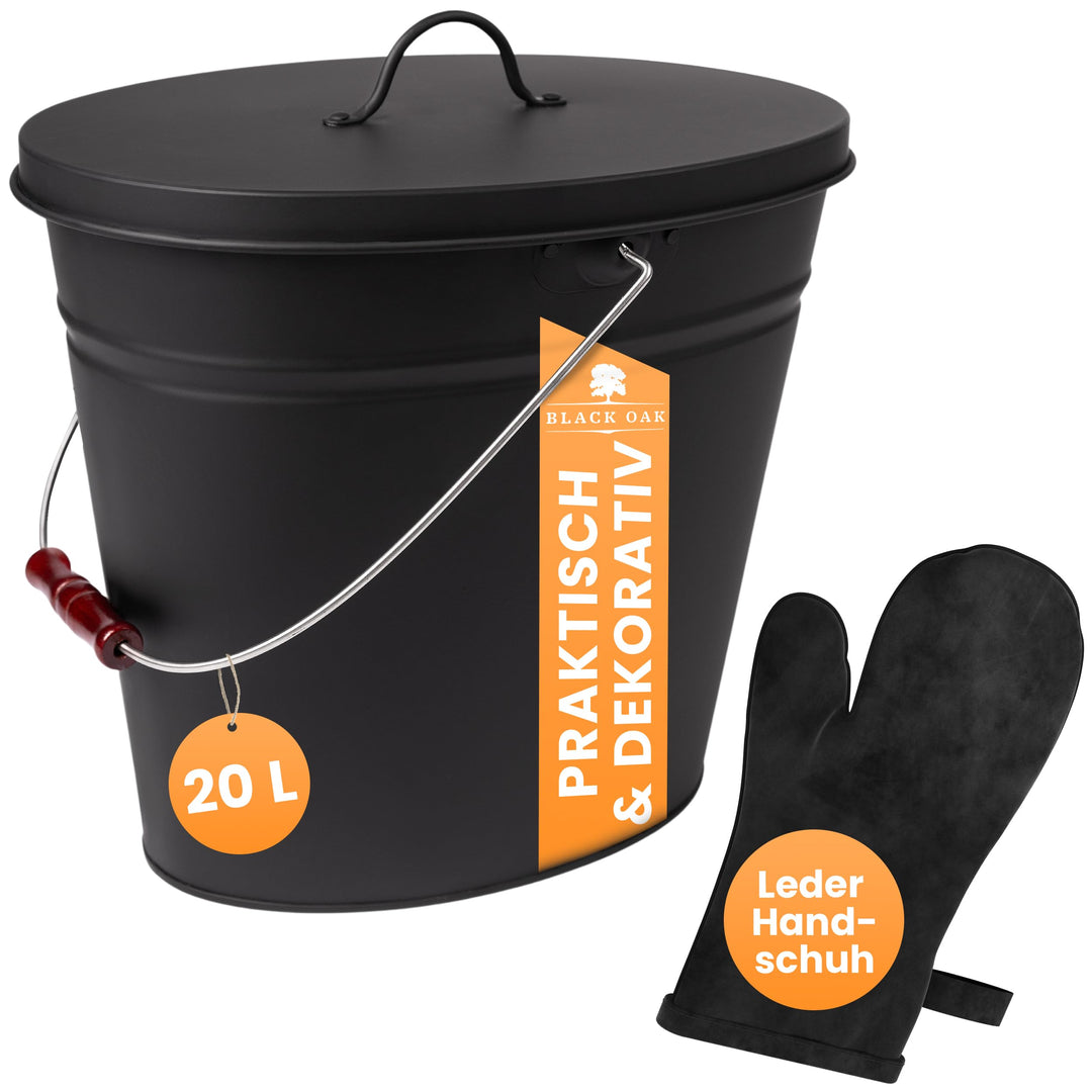 BLACK OAK Ascheeimer Vesuvio 20L mit Lederhandschuh – schwarz oval mit Deckel - gross 20 Liter - Sta