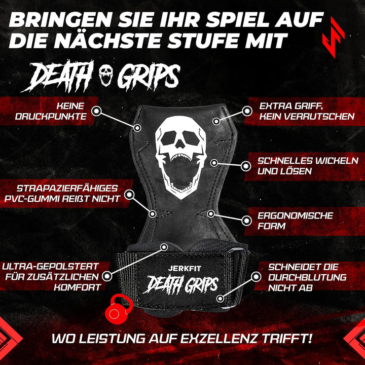 JerkFit Death Grips Ultra Premium Hebebänder für Kreuzheben, Klimmzüge, schwere Achselzucken | Hebeg