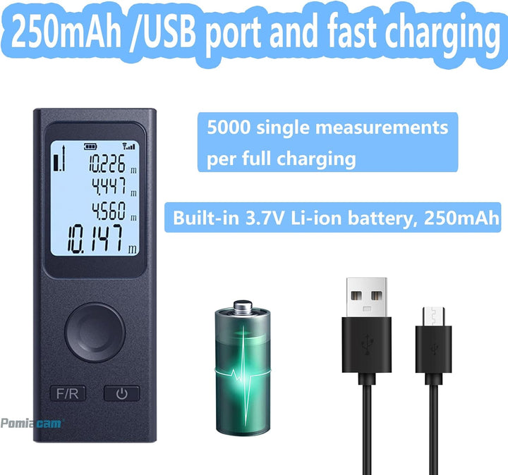 Laser-Entfernungsmesser Tragbares Laser-Messwerkzeug Handheld-Laser-Entfernung USB wiederaufladbar,
