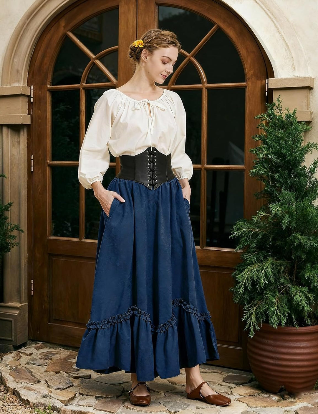 BEAUTELICATE Mittelalter Rock Damen Lang Vintage Maxirock A-Linie mit Taschen Viktorianische Rüsche