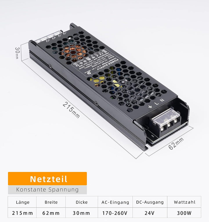 DUSKTEC LED Netzteil 300W 24V LED Trafo 12.5A, IP20 LED Transformator AC 220/230V auf DC 24 Volt Tre