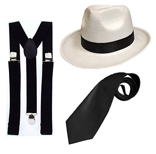 RS 1000 Gangster Fancy Kleid Set – Trilby Hut + schwarz Straps Hosenträger + Black Tie Deluxe 1920er