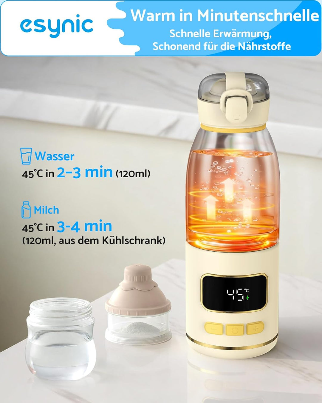 eSynic Babyflaschenwärmer 450ml Kapazität 15000mAh Akku Tragbarer Flaschenwärmer Edelstahl 316 Schne