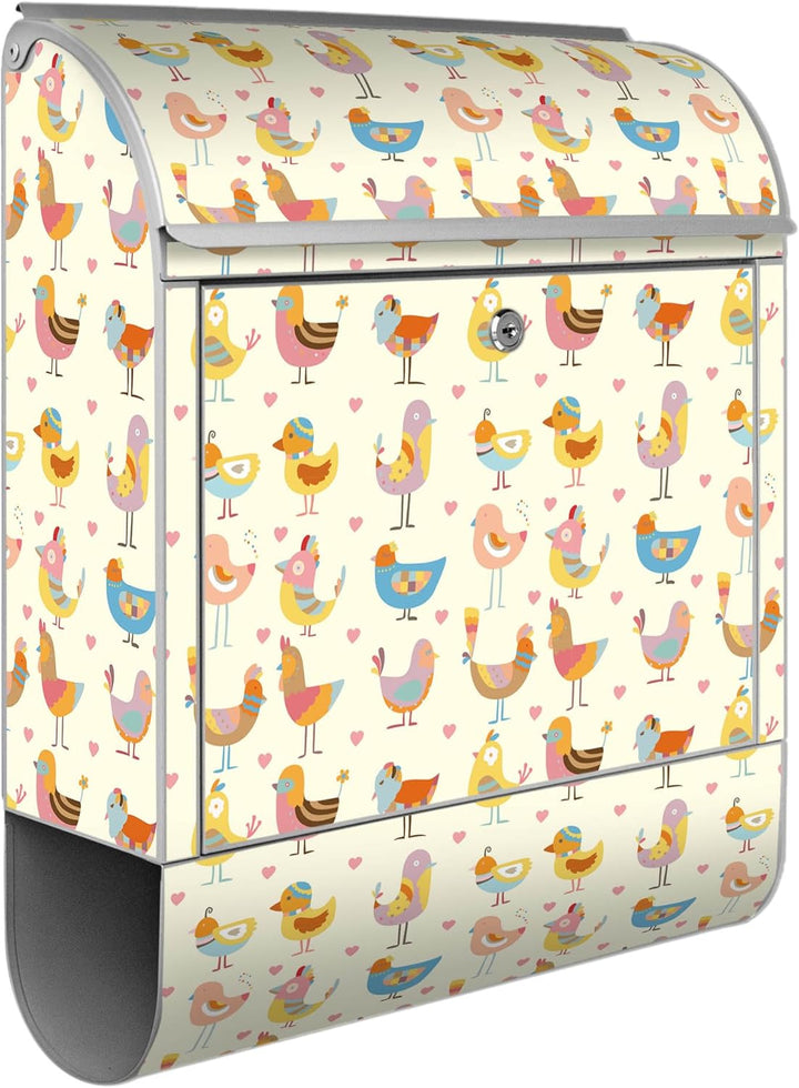 banjado® Design Briefkasten personalisiert mit Motiv Lustige Vögel 39x47x14cm & 2 Schlüssel - Briefk