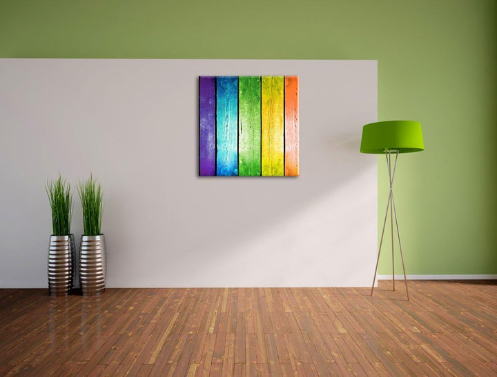 Bunte Zaunslatten, Format: 70x70 auf Leinwand, XXL riesige Bilder fertig gerahmt mit Keilrahmen, Kun