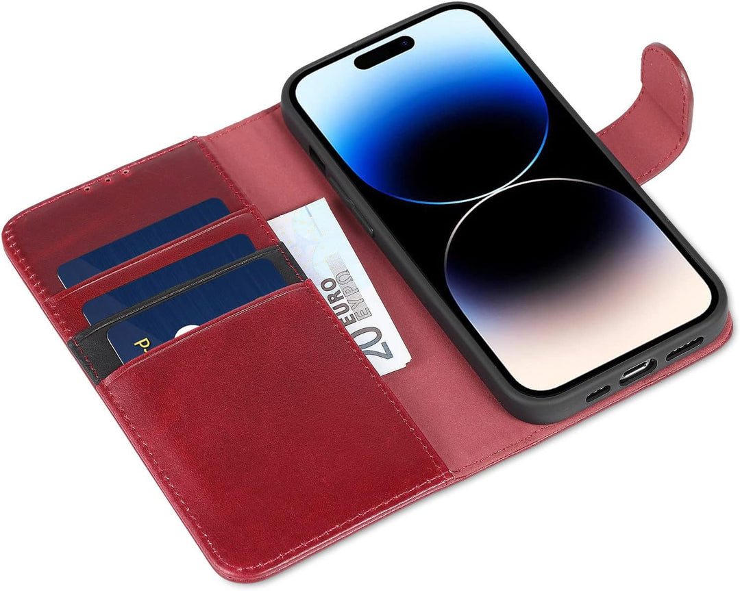 LENSUN Echtleder Hülle für iPhone 14 Pro, Premium Schutzhülle - Weinrot | Handyhülle Echtes Leder, L