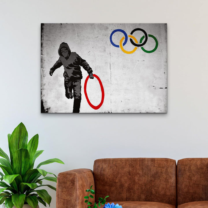 Giallobus - Gemälde - Banksy - - Standardleinwand - 140x100-11 - Olympischer Kreis - Bereit zum Aufh