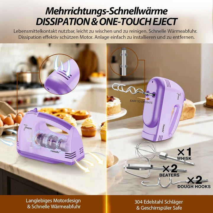 Handmixer, 7-stufig einstellbarer Küchenmixer, 304 Edelstahl-Zubehörteile (1X Schneebesen, 2X Knetha