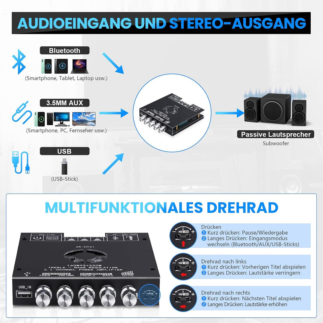 HiFi-Verstärker mit Bluetooth, ZK-HT21 2.1 Kanal 160W x 2+220W Subwoofer Stereo-Mini-Audio-Leistungs