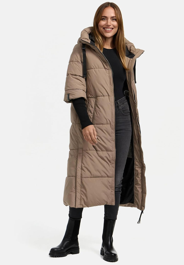 Navahoo Damen langer Wintermantel warmer Steppmantel mit Kapuze und Rippstrickärmeln Ciao Miau XIV X