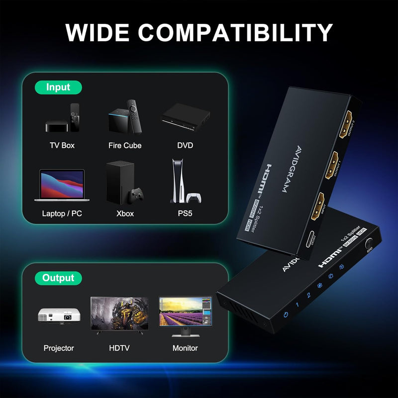 HDMI 2.1 Splitter 8K 60Hz, AVIDGRAM HDMI Splitter 1 in 2 Out mit Auto, Copy, Downscaler EDID Mode, 2